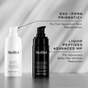 Two Medik8 Cyprus Exo-PDRN Prismatic+ skincare bottles, one white and one black, display the product name and highlight their rejuvenating and wrinkle reduction benefits.