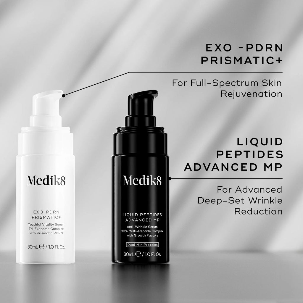 Two Medik8 Cyprus Exo-PDRN Prismatic+ skincare bottles, one white and one black, display the product name and highlight their rejuvenating and wrinkle reduction benefits.