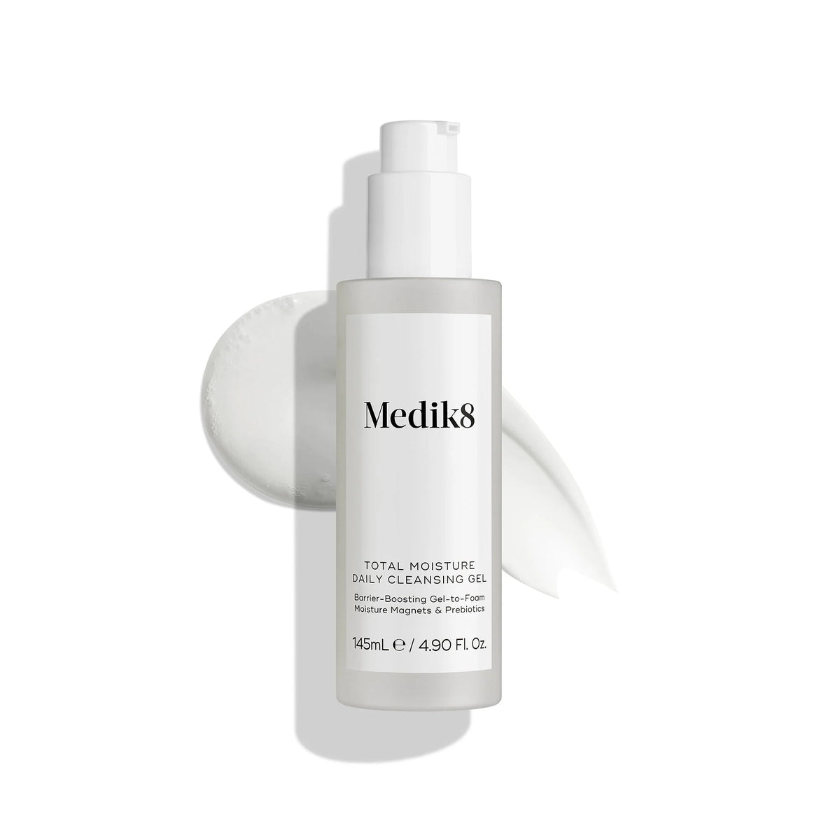 A 145ml bottle of Medik8 Cyprus Total Moisture Daily Cleansing Gel with white gel smears behind it on a white background, featuring a hydration-focused formula to support the skin barrier.