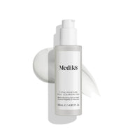 A 145ml bottle of Medik8 Cyprus Total Moisture Daily Cleansing Gel with white gel smears behind it on a white background, featuring a hydration-focused formula to support the skin barrier.
