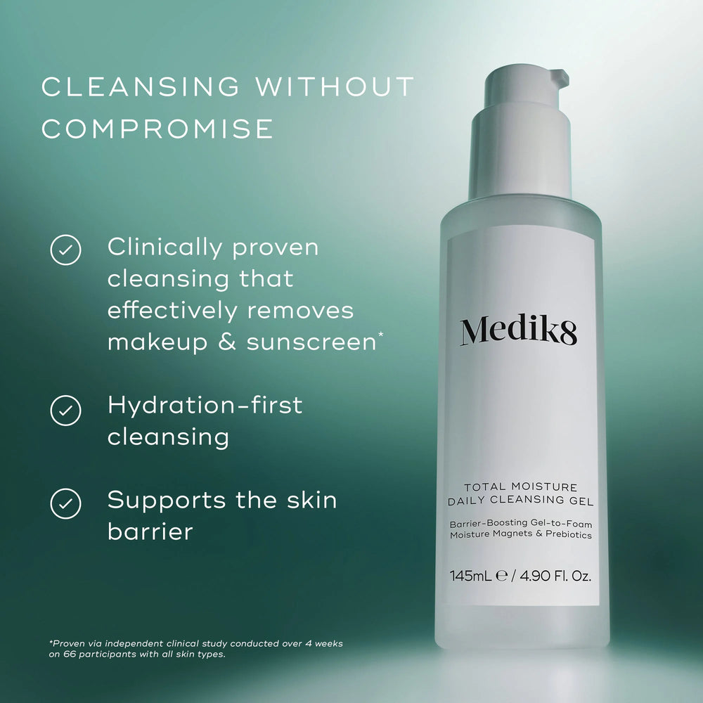 A white pump bottle of Medik8 Cyprus Total Moisture Daily Cleansing Gel sits on a green gradient background, featuring text about its hydration-first formula and barrier support for gentle, effective daily cleansing.