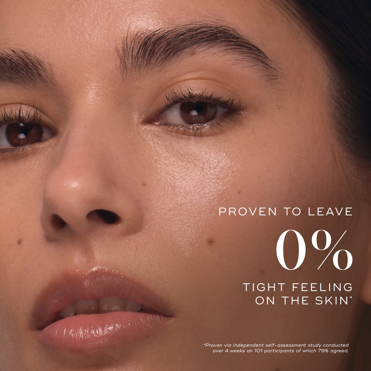 Close-up of a woman's face with smooth, glowing skin. Text: "Proven to leave 0% tight feeling." Based on an independent study of Medik8 Cyprus Total Moisture Daily Cleansing Gel with prebiotic inulin for a healthy skin barrier.