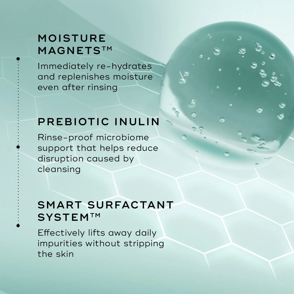 A translucent sphere on a hexagonal surface highlights Medik8 Cyprus Total Moisture Daily Cleansing Gel's skin barrier support, prebiotic inulin, and smart surfactant system.