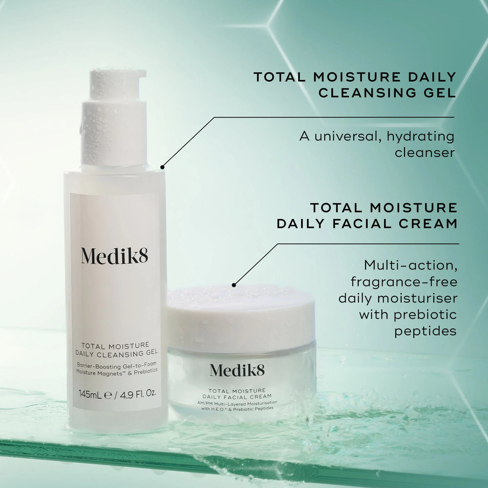 Medik8 Cyprus Total Moisture Daily Cleansing Gel bottles are shown with details highlighting their hydrating, multi-action support for the skin barrier, enriched with prebiotic inulin.