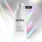 A white bottle of Medik8 Cyprus Exo-PDRN Prismatic+ serum with a pump dispenser, set against a backdrop of soft rainbow lighting.