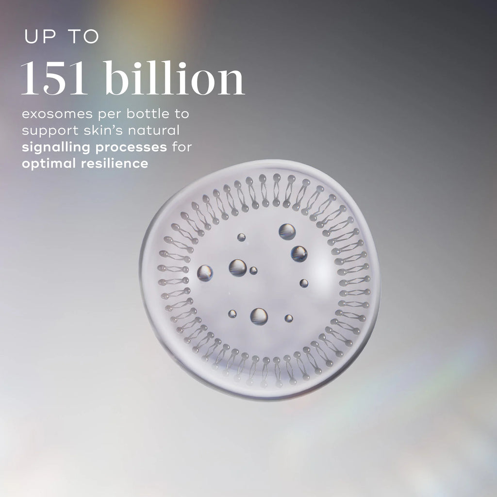A graphic displays a large, translucent cell with droplets inside and text stating "Exo-PDRN Prismatic+ by Medik8 Cyprus delivers up to 151 billion exosomes per bottle to support skin’s natural signalling for optimal resilience.