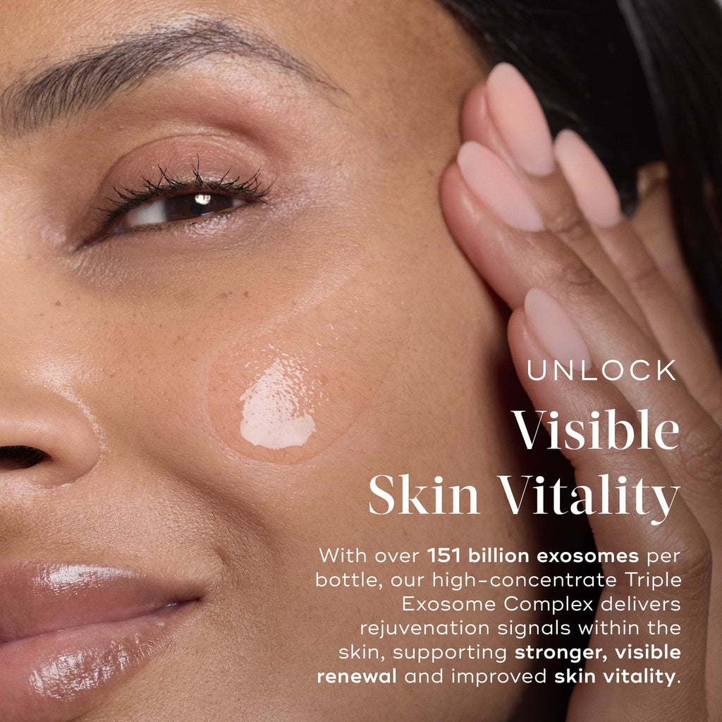Close-up of a woman applying Exo-PDRN Prismatic+ by Medik8 Cyprus to her cheek, highlighting the skin vitality benefits of this exosome complex skincare product.