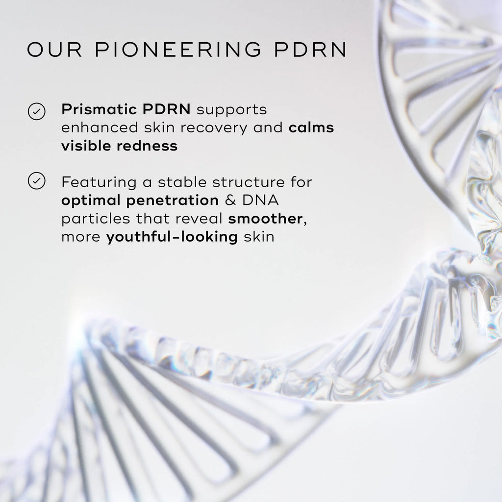 A close-up of a DNA double helix with text explaining how Medik8 Cyprus Exo-PDRN Prismatic+ supports skin recovery, reduces redness, and enhances overall skin appearance.