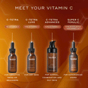 Medik8 Cyprus C-Tetra® Advanced serum is shown on an orange gradient background, highlighted for its vitamin C concentration—perfect for various skin types and ideal for brightening and anti-ageing routines.