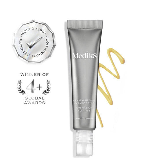 A silver tube of Medik8 Crystal Retinal® Ceramide Eye is shown with a swipe of yellow cream, award icons, and text highlighting its anti-aging eye treatment benefits, patented technology, and multiple global awards.