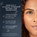 A woman with curly hair and gold dots beneath her right eye appears next to text highlighting the benefits of Medik8 Crystal Retinal® Ceramide Eye, a clinical-strength cream that reduces dark circles and renews the under-eye area.