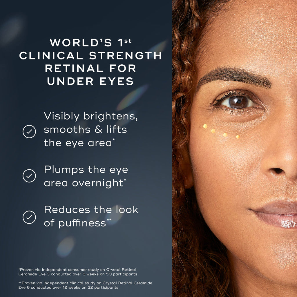 A woman with curly hair and gold dots beneath her right eye appears next to text highlighting the benefits of Medik8 Crystal Retinal® Ceramide Eye, a clinical-strength cream that reduces dark circles and renews the under-eye area.