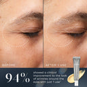 Close-up comparison of skin around the eye before and after using Medik8 Crystal Retinal® Ceramide Eye shows fewer wrinkles. Text highlights a 94% improvement after one use and visible reduction of dark circles.