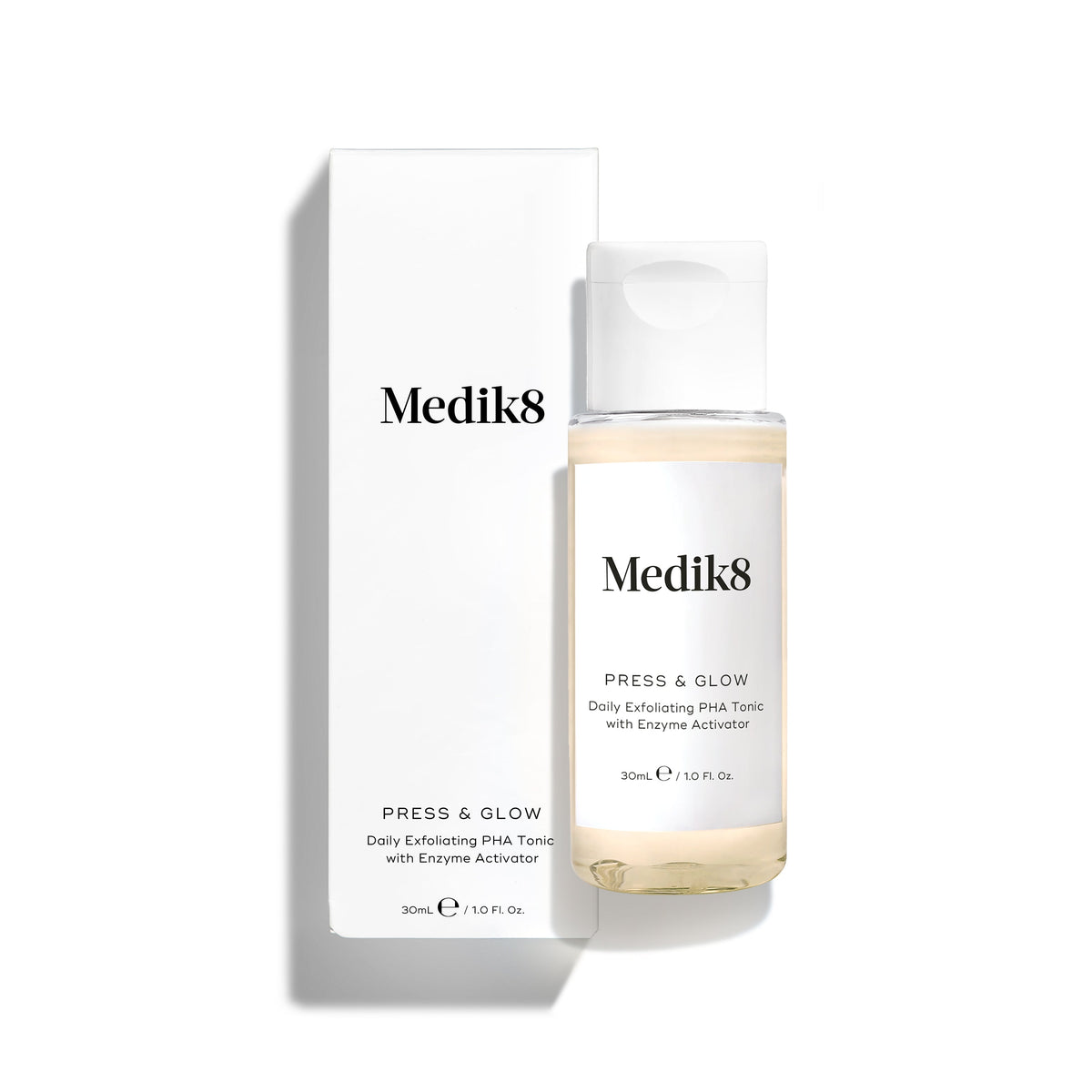 A 30 ml bottle of Medik8's Press & Glow™ (Travel Size) for sensitive skin sits next to its white packaging, offering a gentle yet effective exfoliating acid toner ideal for your skincare routine.
