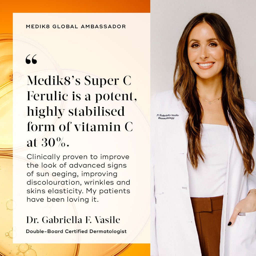 A woman stands next to a text promoting Medik8's Super C Ferulic™ serum, which combats sun aging. Dr. Gabriella Vasile features prominently in the promotion, highlighting the vitamin C serum's skin-brightening effects.