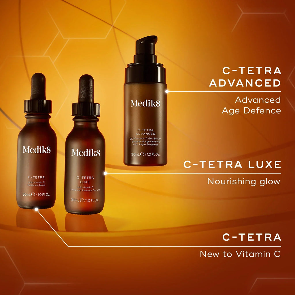 Medik8 Cyprus C-Tetra® Advanced is shown in an amber bottle, promising rapid skin brightening and anti-ageing benefits on its label.