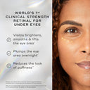 Close-up of a person applying Medik8's Crystal Retinal® Ceramide Eye under the right eye. Text highlights benefits: brightening, smoothing, plumping, and reducing puffiness for youthful eyes with next-generation retinal.
