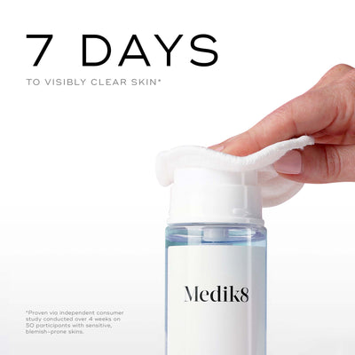 A hand uses a cotton pad to apply liquid from a Medik8 Press & Clear Refill™ bottle, featuring Salicylic Acid. The text claims "7 days to visibly clear skin," with study details provided below.