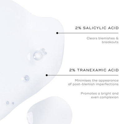 Image of a white liquid texture with labels: 2% Salicylic Acid for blemish clearing; 2% Tranexamic Acid to reduce imperfections and even skin tone. Experience the power of BHA toning with Medik8's Press & Clear Refill™ for clear, radiant skin.