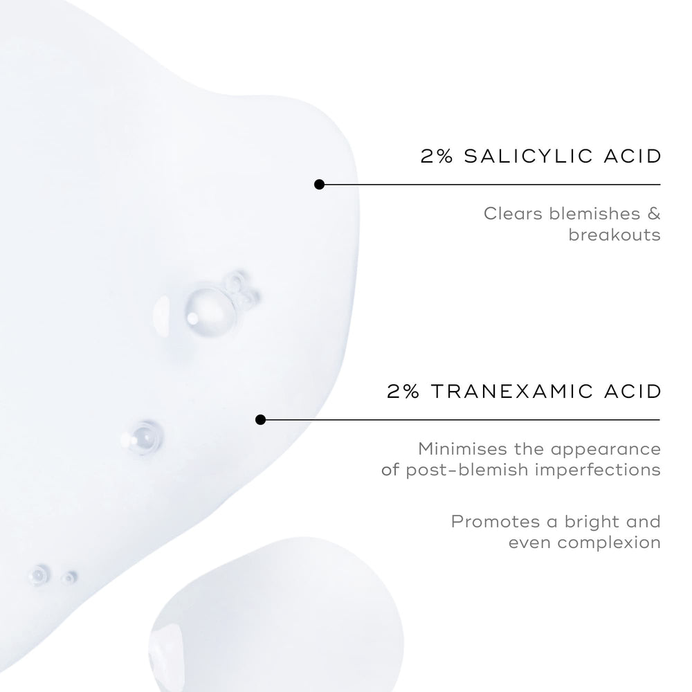 Image of a white liquid texture with labels: 2% Salicylic Acid for blemish clearing; 2% Tranexamic Acid to reduce imperfections and even skin tone. Experience the power of BHA toning with Medik8's Press & Clear Refill™ for clear, radiant skin.