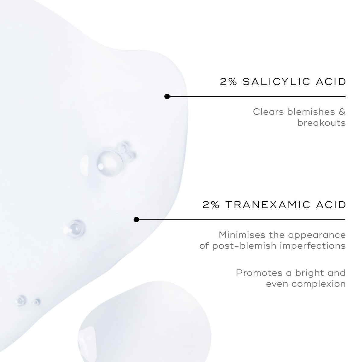 Image of a white liquid texture with labels: 2% Salicylic Acid for blemish clearing; 2% Tranexamic Acid to reduce imperfections and even skin tone. Experience the power of BHA toning with Medik8's Press & Clear Refill™ for clear, radiant skin.