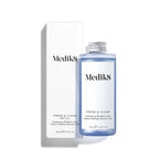 A bottle of Medik8 Press & Clear Refill™ highlights its Salicylic Acid formula alongside its white box with product details.