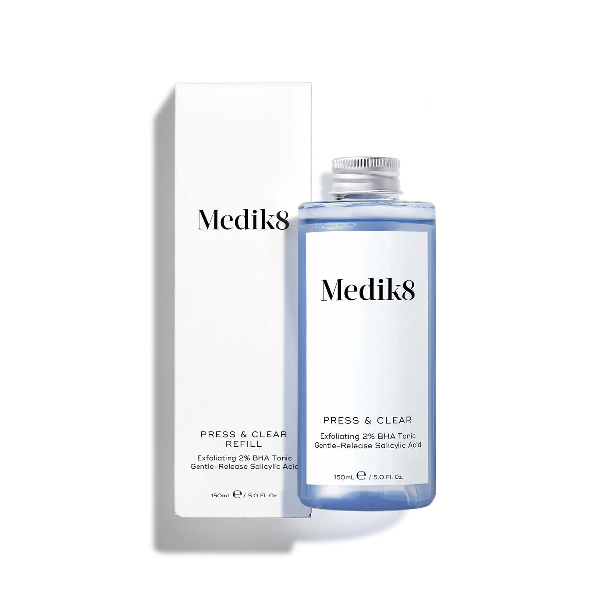 A bottle of Medik8 Press & Clear Refill™ highlights its Salicylic Acid formula alongside its white box with product details.