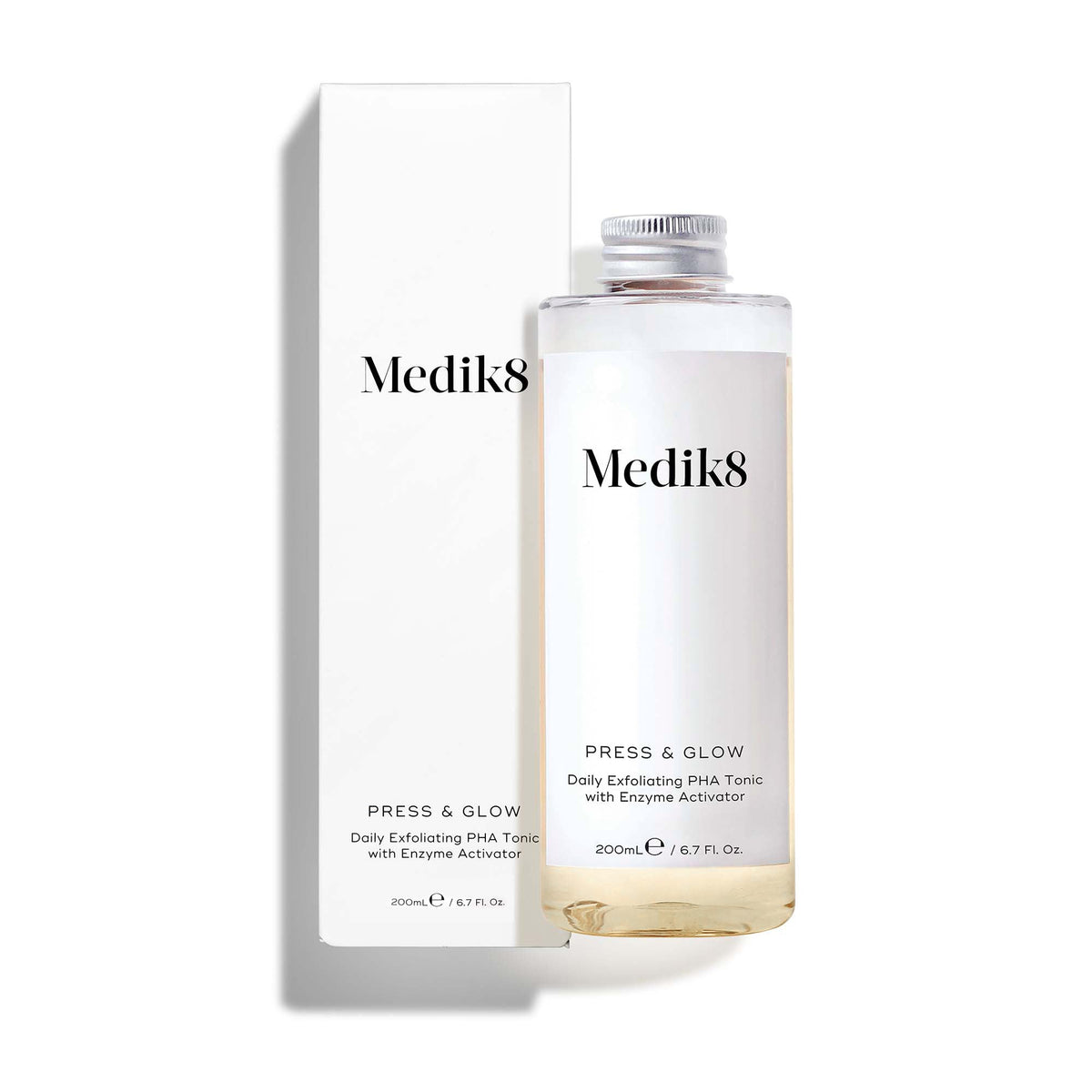 Medik8's Press & Glow Refill™ is an exfoliating PHA tonic ideal for sensitive skin. With gentle poly hydroxy acids, it promises effective care for a radiant complexion and comes in a sleek bottle and box.