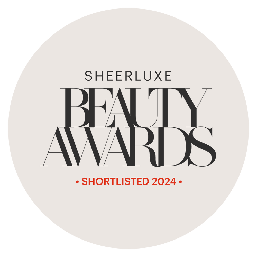 The text "Sheerluxe Beauty Awards Shortlisted 2024" is displayed in a bold, modern font on a light background, celebrating Medik8's Press & Glow® featuring innovative ingredients like polyhydroxy acid for glowing skin.