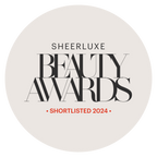 The bold text states "Sheerluxe Beauty Awards," with "Shortlisted 2024" in red. On a light gray background, the Medik8 Press & Glow™ (Travel Size) is highlighted among products ideal for sensitive skin, featuring exfoliating poly hydroxy acids for a gentle glow.